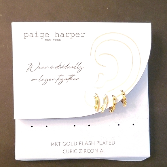 NEW Gold-Plated Earrings 2 Pairs! Studded Huggie Hoops & Curved Double Bar Studs - Picture 12 of 12